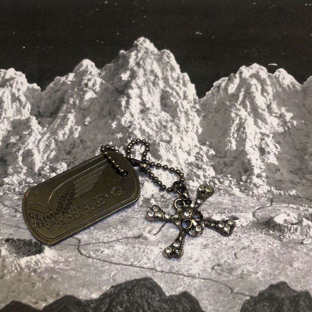 Gunmetal Dog Tag Keychain with Skull Pendant